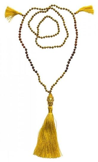 Bild von Buddha Mala gold mit Glasperlen, Lavasteinen und Rudraksha 58cm