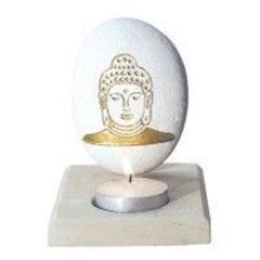 Bild von Teelicht Buddha Stein graviert gold bemalt