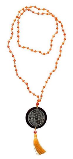 Bild von Mala Flower of Life Glasperlen Orange mit gelaserter Muschelscheibe 45cm