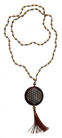 Image sur Mala Flower of Life Glasperlen goldfarben mit gelaserter Muschelscheibe 45cm