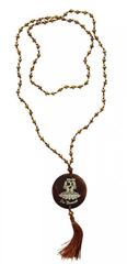 Immagine di Mala Om Namaste Glasperlen goldfarben mit gelaserter Muschelscheibe 45cm