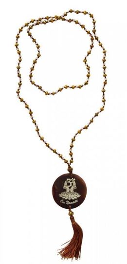 Picture of Mala Om Namaste Glasperlen goldfarben mit gelaserter Muschelscheibe 45cm