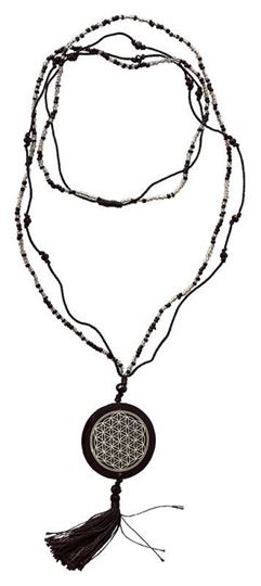 Picture of Mala Flower of Life Glasperlen schwarz mit gelaserter Muschelscheibe 46cm