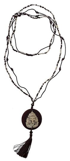 Immagine di Mala Ganesha Glasperlen schwarz mit gelaserter Muschelscheibe 46cm
