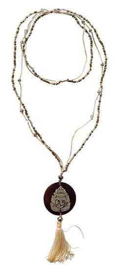 Image sur Mala Ganesha Glasperlen goldfarben mit gelaserter Muschelscheibe 46cm