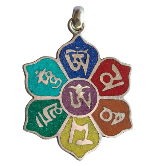 Image sur Anhänger Om Mani Padme Hum Lotus Weissmetall chakrafarben 3.5cm