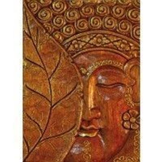 Image sur Wandrelief Buddha mit Bodhiblatt Holz braun/gold 22x30cm