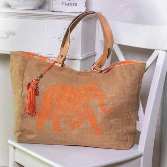 Immagine di Jute Shopper mit indischem Elefantdruck, ca. 57 × 33 cm
