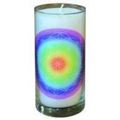 Bild von Kerze Blume des Lebens regenbogen im Glas Stearin weiss 14cm