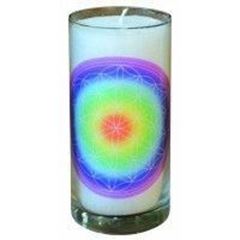 Picture of Kerze Blume des Lebens regenbogen im Glas Stearin weiss 14cm