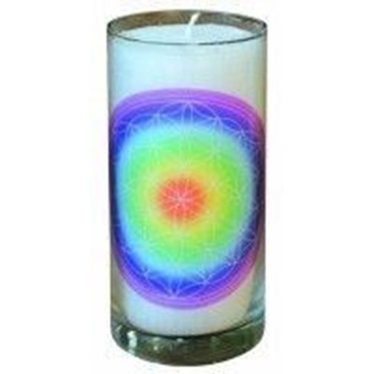 Image sur Kerze Blume des Lebens regenbogen im Glas Stearin weiss 14cm