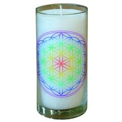 Image de Kerze Blume des Lebens transparent im Glas Stearin weiss 14 cm