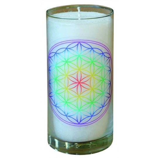 Image sur Kerze Blume des Lebens transparent im Glas Stearin weiss 14 cm