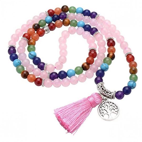 Bild von Mala Chakra Lebensbaum 108 Rosenquarz- und Chakra Edelsteine mit Metall Anhänger