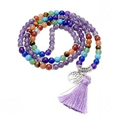 Bild von Mala Chakra Lebensbaum 108 Amethyst- und Chakra Edelsteine mit Metall Anhänger, 