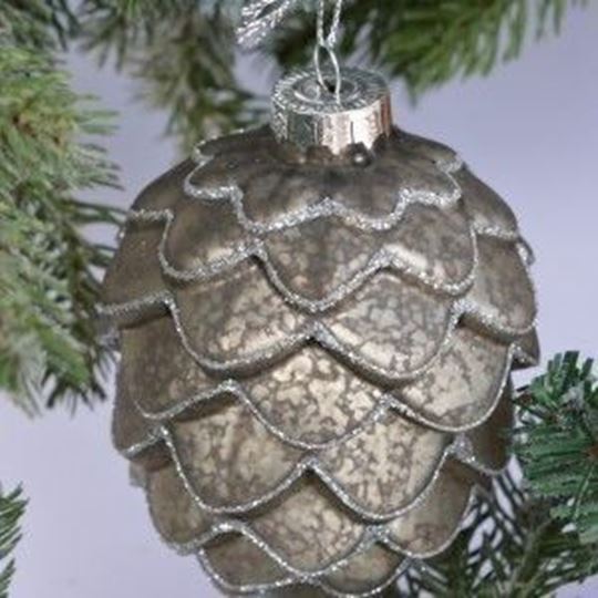 Image sur Christmasball  cone grey w/silverglitt. 7,5x9cm. Moshi, VE=12