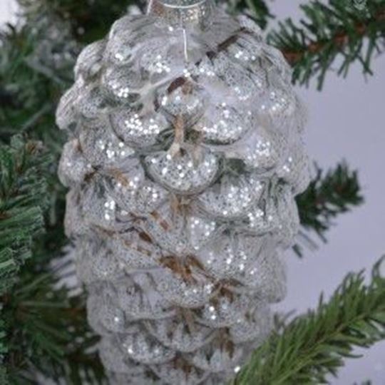 Picture of Christmasball glass cone clear w/snow 11x5cm. Moshi, VE=12