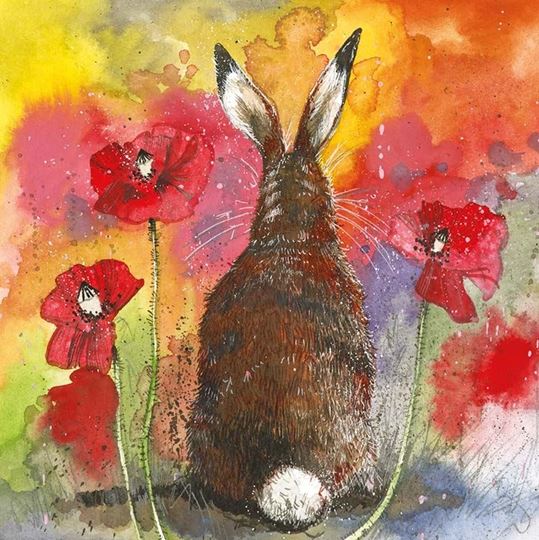 Image sur HARE & RED POPPIES BLANK CARD