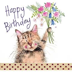 Immagine di CAT AND BOUQUET BIRTHDAY CARD