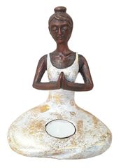 Bild von Yogini betend mit Teelicht weiss/gold, Resin 13x18cm