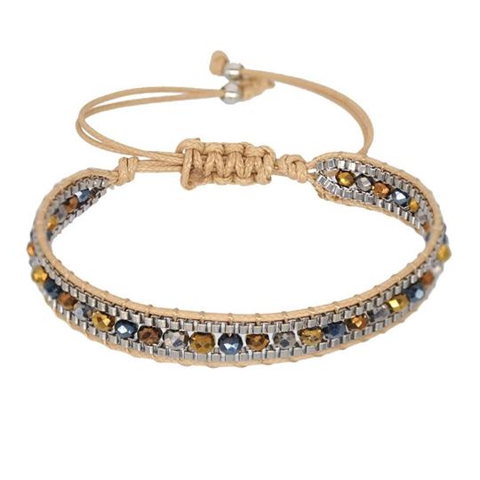 Image sur Armband Crystal Baumwolle geflochten mit Glasperlen, beige 14-28cm