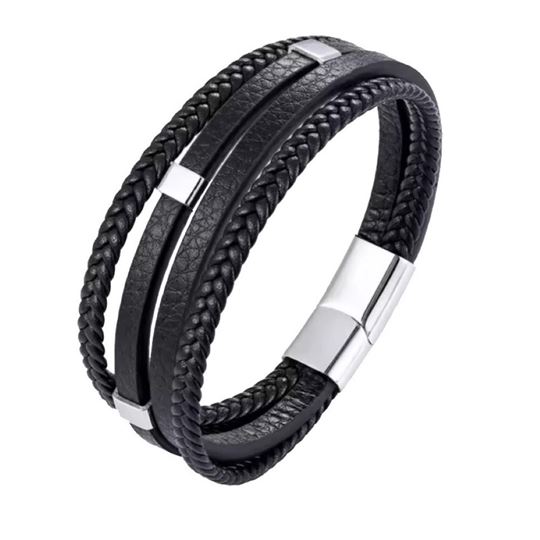 Immagine di Herren Armband 4 Strang, Leder mit Edelstahl Schnallen, schwarz, 21x2cm