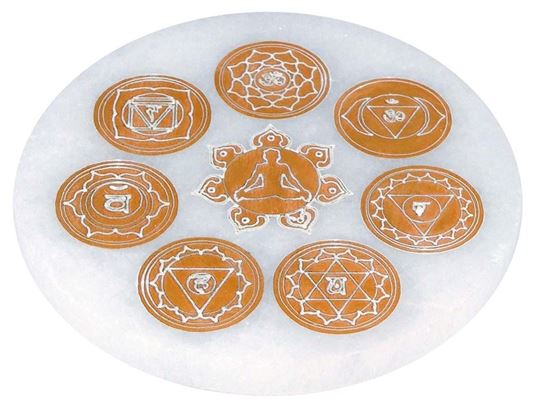 Image sur Selenit-Energiescheibe mit Chakrasymbolik gold Ø10cm