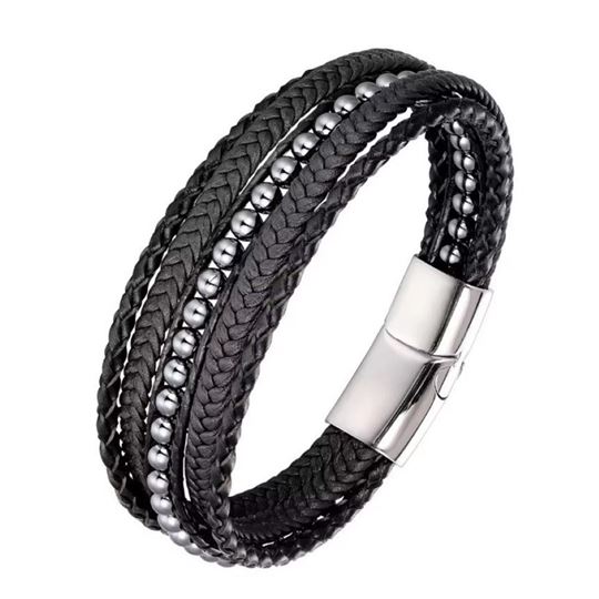 Immagine di Herren Armband 5 Strang, Leder mit Perlen, schwarz, 21x2cm