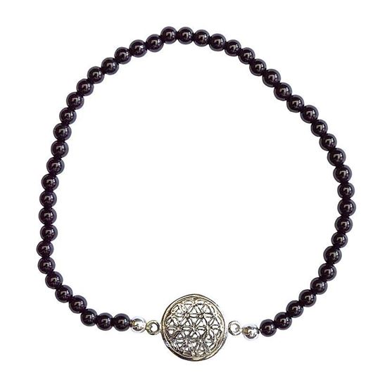 Bild von Armband Blume des Lebens 1,2cm Silber 925 mit Onyx Perlen 6cm elastisch
