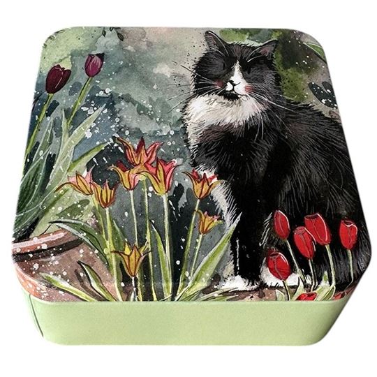 Image sur CAT AND TULIPS MEDIUM SQUARE TIN
