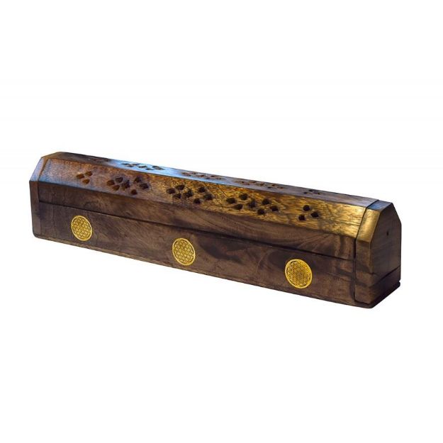 Bild von Räucherstäbchenhalter India Truhe Blume des Lebens Holz 30x6cm
