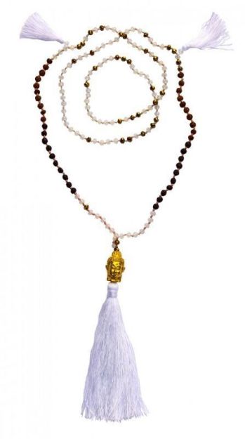 Bild von Buddha Mala weiss mit Glasperlen, Lavasteinen und Rudraksha 58cm