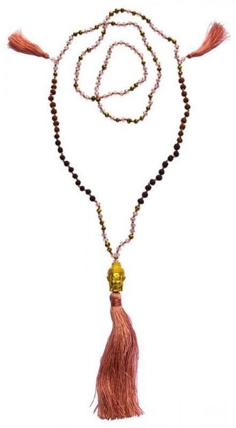 Bild von Buddha Mala pink mit Glasperlen, Lavasteinen und Rudraksha 58cm