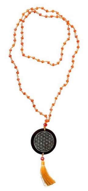 Bild von Mala Flower of Life Glasperlen Orange mit gelaserter Muschelscheibe 45cm