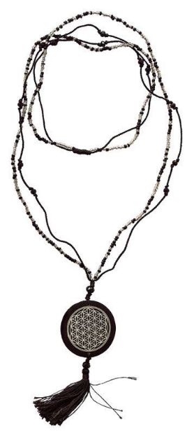 Bild von Mala Flower of Life Glasperlen schwarz mit gelaserter Muschelscheibe 46cm