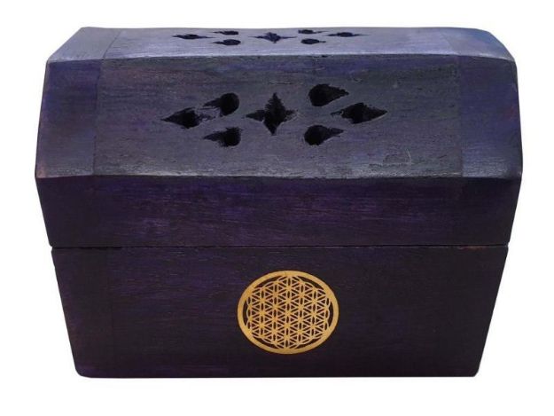 Bild von Räucherkegelhalter India Truhe Blume des Lebens Holz violett 9x6cm