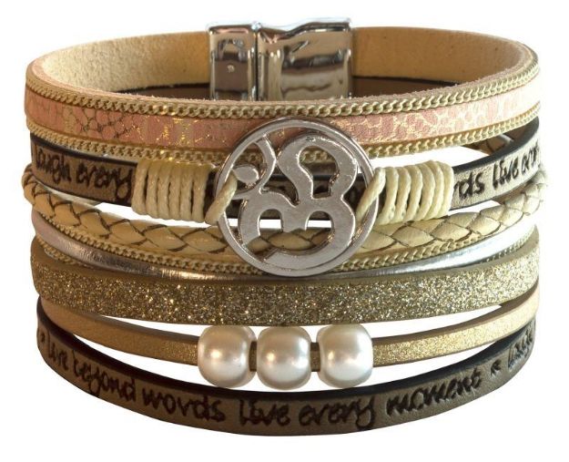 Bild von Armband Om Kunstleder beige, Metall silberfarben mit Magnetverschluss, 19x4cm