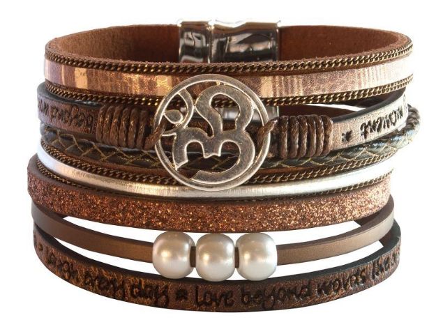Bild von Armband Om Kunstleder braun, Metall silberfarben mit Magnetverschluss, 19x4cm