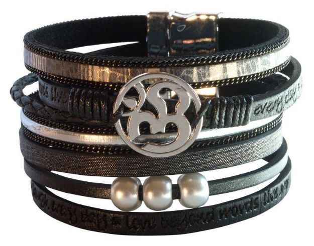 Bild von Armband Om Kunstleder schwarz, Metall silberfarben mit Magnetverschluss, 19x4cm