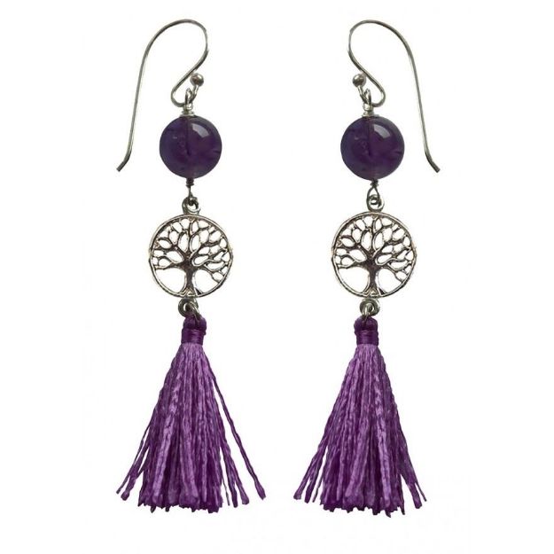 Bild von Ohrhänger Baum des Lebens 1,2cm Silber 925 mit Amethyst-Perle und Lila Tassel 3,