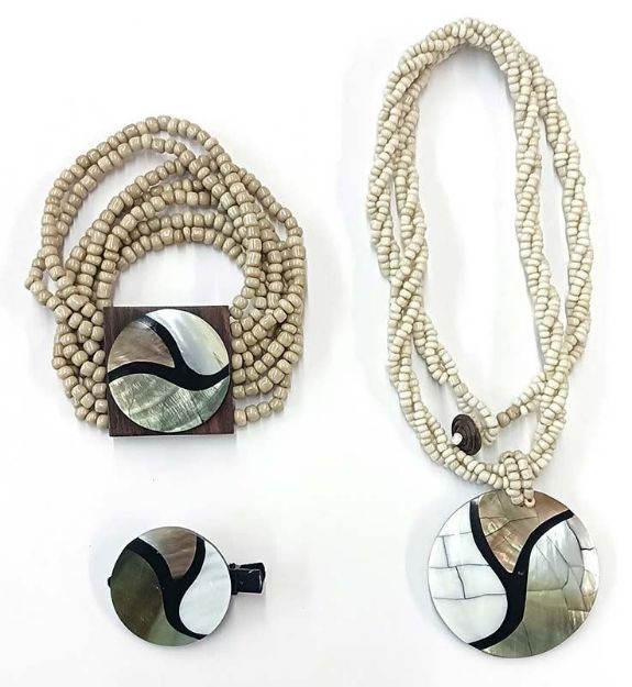 Bild von Muschel Halskette/Armband/Haarclip Lambda 3er Set mit Perlen naturfarben