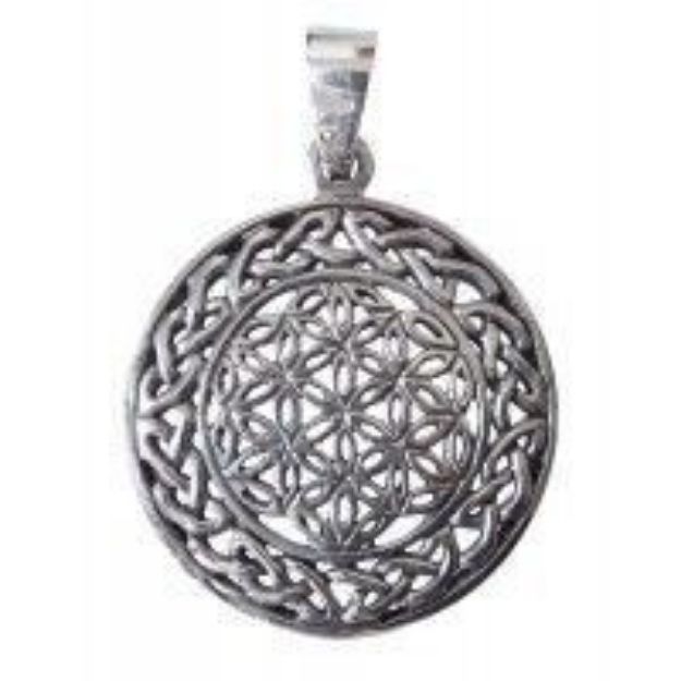 Bild von Anhänger Blume des Lebens mit Endlosknoten 2.5 cm, Messing versilbert
