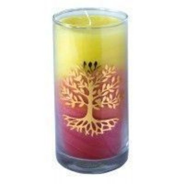 Bild von Stearin-Palmwachskerze Lebensbaum Sunrise 14 cm, Stearinwachs und Glas