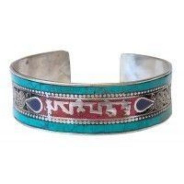 Bild von Armreif Om Mani Padme Hum Weissmetal  grün 6,5cm