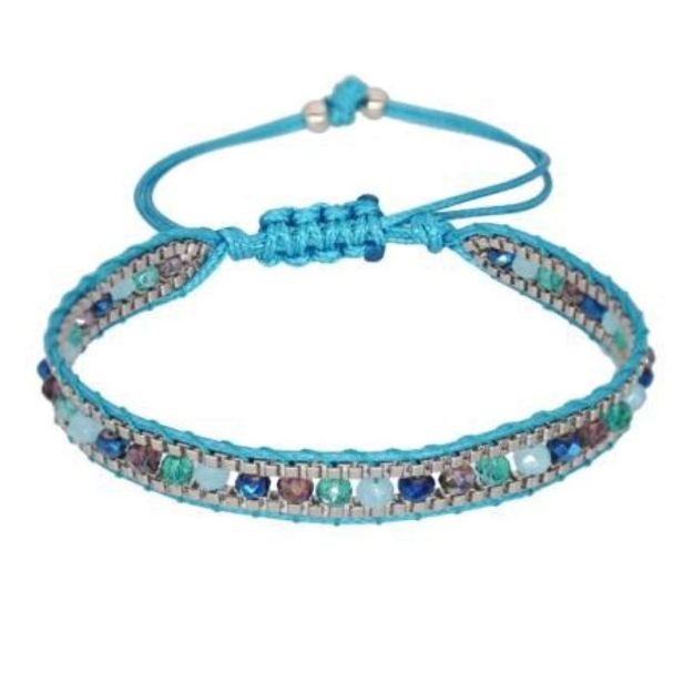 Bild von Armband Crystal Baumwolle geflochten mit Glasperlen, türkis 14-28cm
