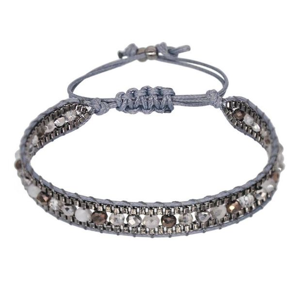 Bild von Armband Crystal Baumwolle geflochten mit Glasperlen, grau 14-28cm