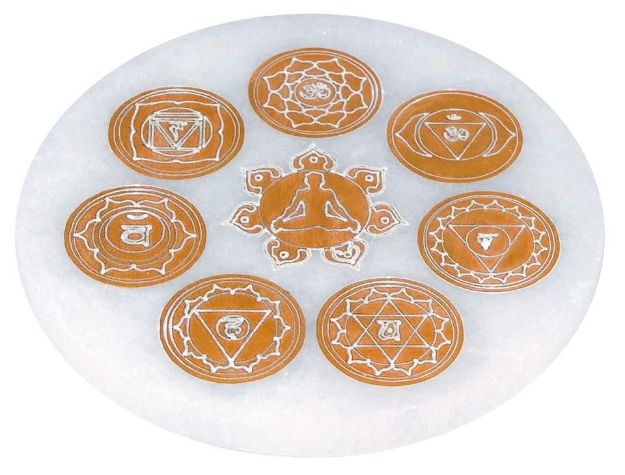 Bild von Selenit-Energiescheibe mit Chakrasymbolik gold Ø14cm