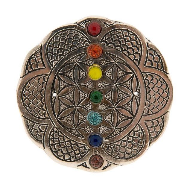 Bild von Blume des Lebens mit Chakraglassteinchen Weissmetallhalter
