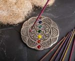 Bild von Blume des Lebens mit Chakraglassteinchen Weissmetallhalter