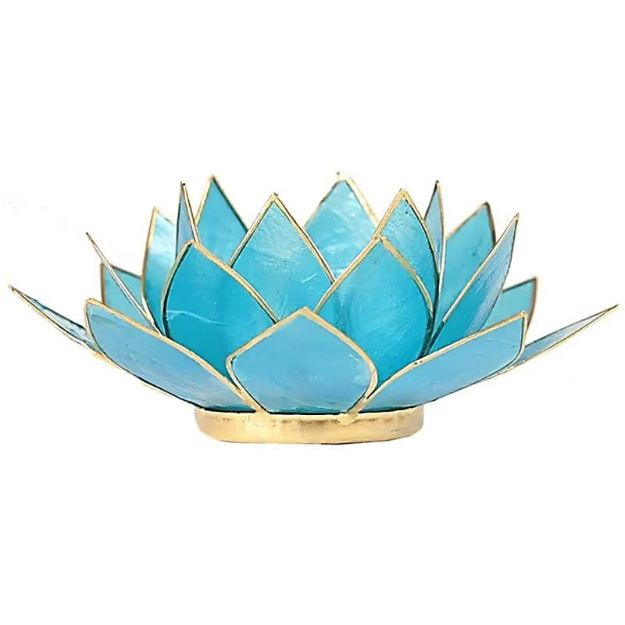 Bild von Lotus Teelichthalter blau 5. Chakra goldfarbig - 13.5 cm